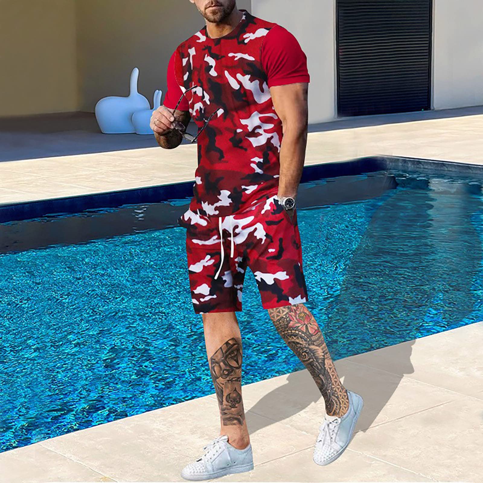 Outdoor Hunting Outfit - ชุดเสื้อยืดลายพรางสำหรับผู้ชายฤดูร้อนชุดวอร์มพิมพ์ลาย3D สำหรับผู้ชายชุดวอร์ม2ชิ้นกางเกงขาสั้นลำลองขนาดใหญ่สำหรับออกค่ายกลางแจ้ง