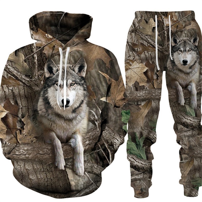 Outdoor Hunting Outfit - ชุดลายพรางสำหรับผู้ชาย ชุดล่าสัตว์ ลายหมาป่า 3 มิติ เสื้อฮู้ด