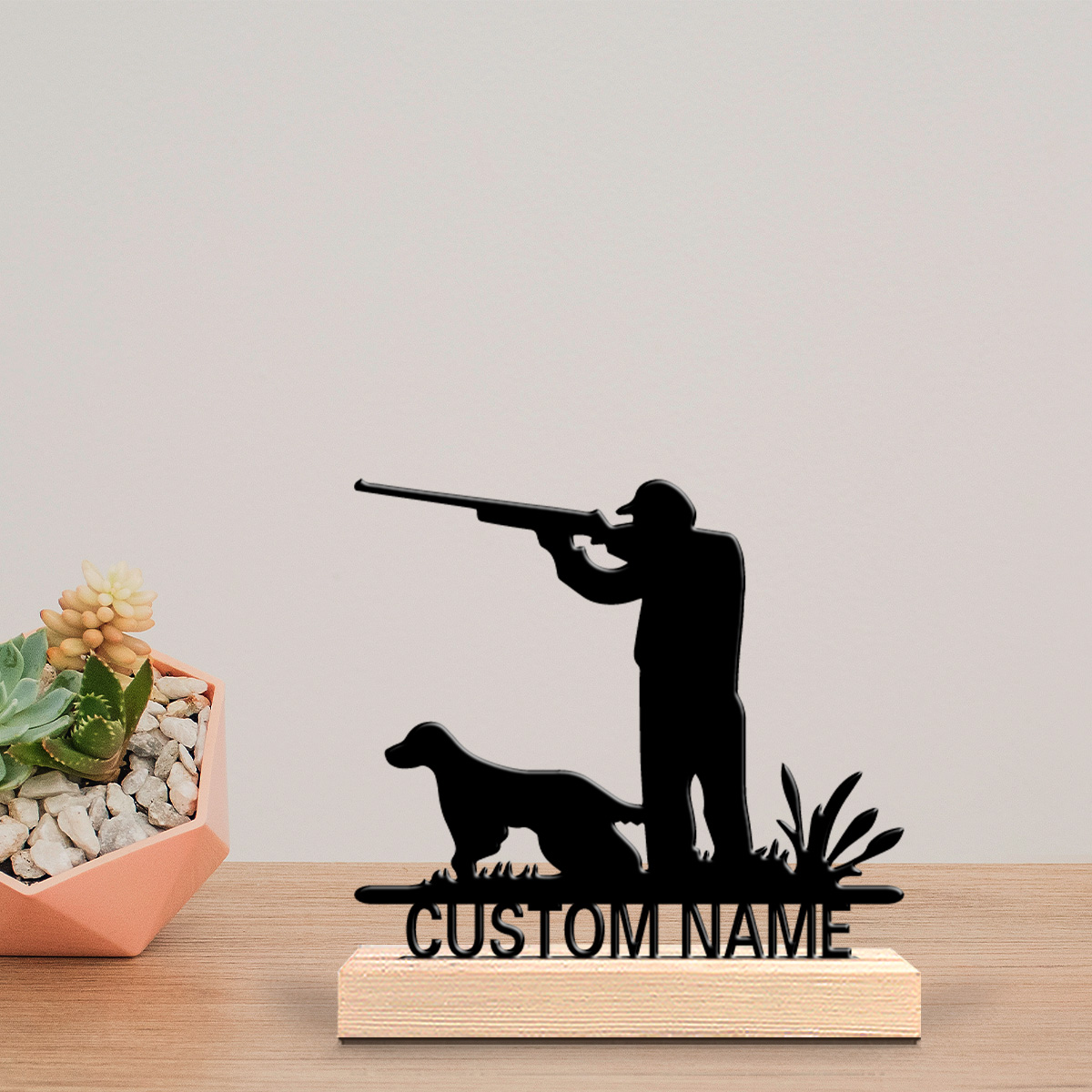 Hunting Outdoor Decor - รูปปั้นโลหะนักล่าและสุนัขล่าสัตว์แบบกำหนดเองได้ 1 ชิ้น พร้อมฐานไม้ ตกแต่งโต๊ะ ตกแต่งธีมล่าสัตว์กลางแจ้ง