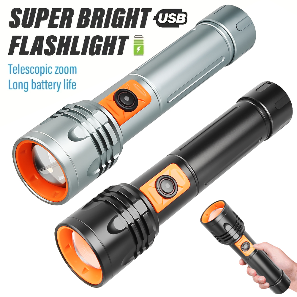 Tactical Flashlight Rechargeable - ไฟฉาย LED พลังงานสูงไฟฉายแบบชาร์จไฟได้ USB พร้อมซูมแบบยืดไสลด์โคมไฟยุทธวิธีซุปเปอร์ไบรท์สำหรับตกปลาตั้งแคมป์กลางแจ้ง