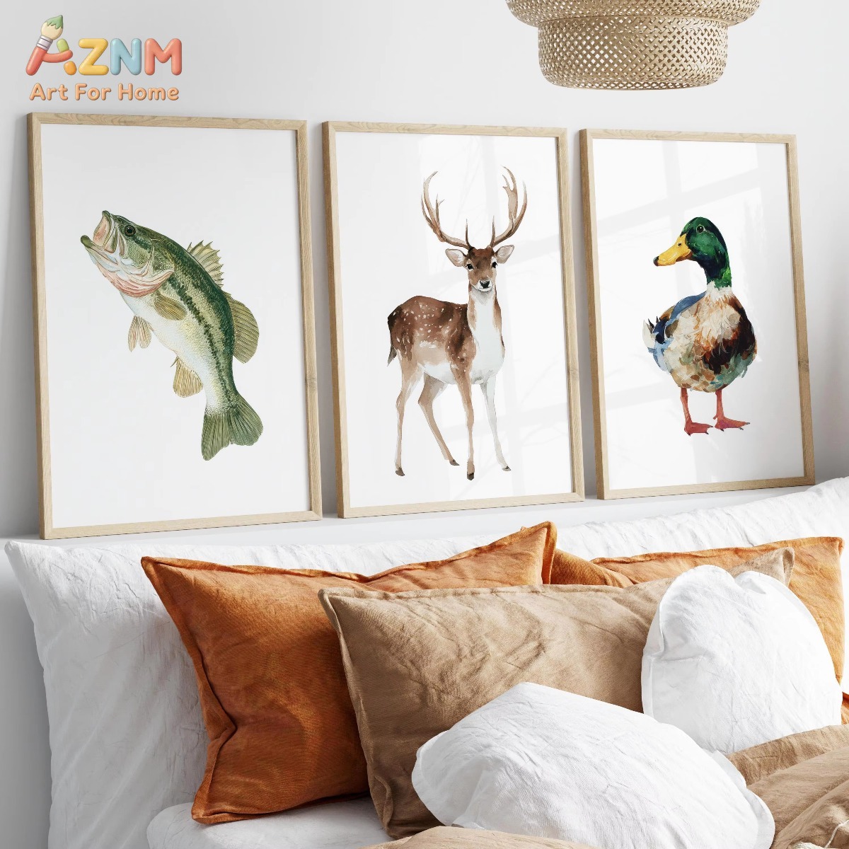 Hunting Outdoor Decor - AZNM โปสเตอร์ศิลปะการล่าสัตว์และตกปลาสีน้ำ พิมพ์บนผ้าใบ ลายเป็ดมัลลาด ปลา และกวาง