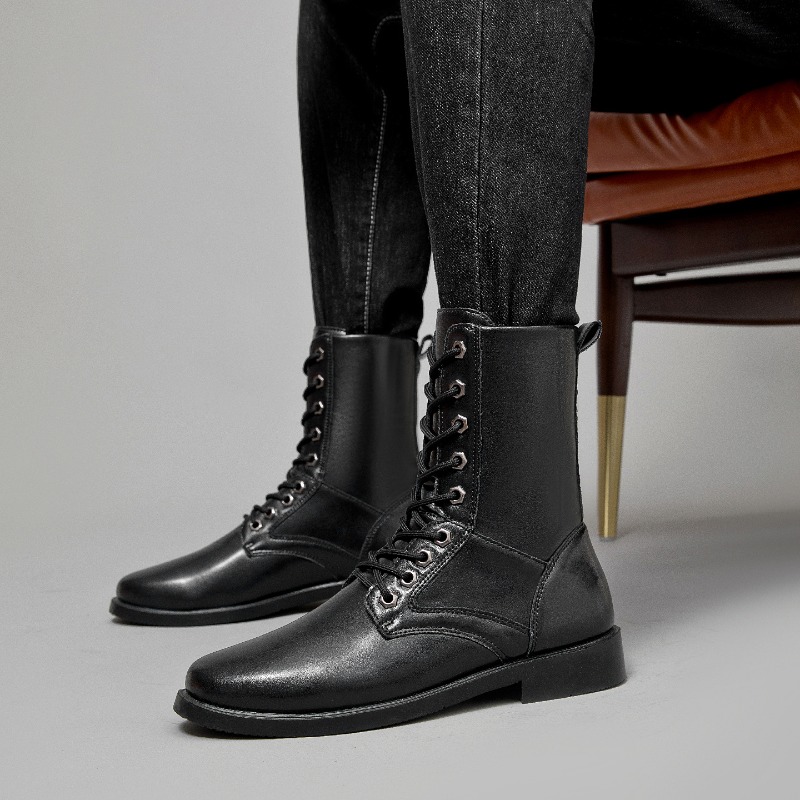 Outdoor Hunting Boots For Men - รองเท้าบูทหนังหุ้มข้อสูง รองเท้าบูททางยุทธวิธีกลางแจ้ง รองเท้าบูทนิรภัยสำหรับผู้ชาย สีดำ กันลื่น รองเท้าเดินป่า