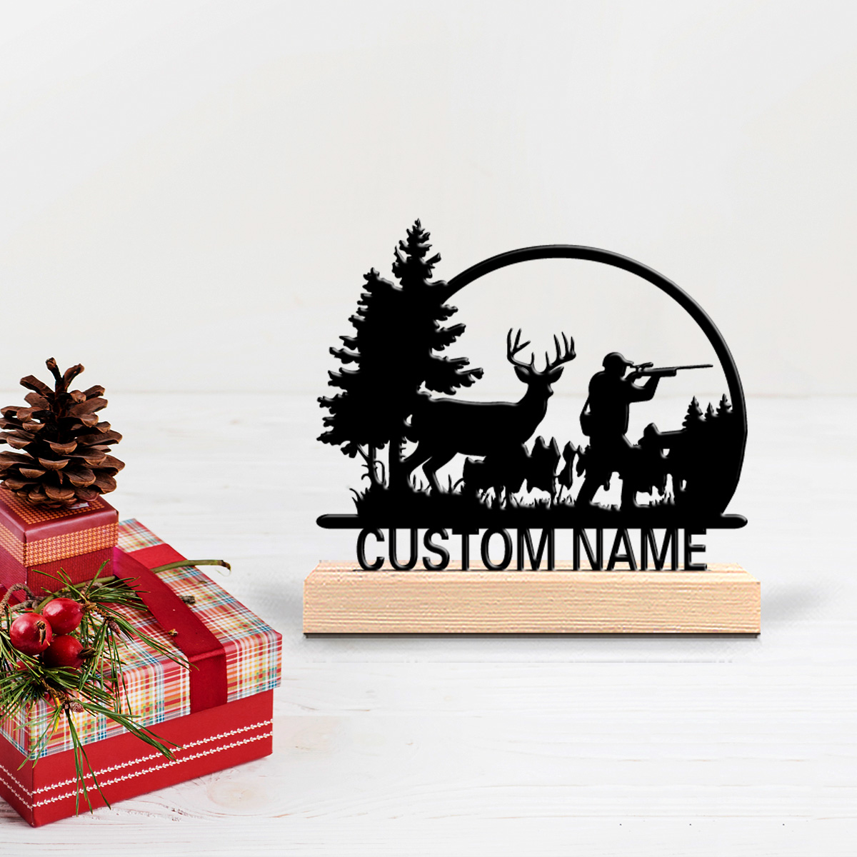 Hunting Outdoor Decor - รูปปั้นโลหะนักล่าและกวาง 1 ชิ้น แบบกำหนดเองได้ พร้อมฐานไม้ ตกแต่งโต๊ะ