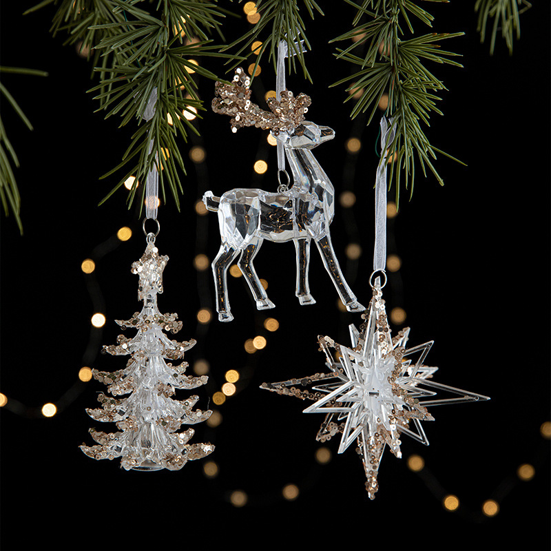 Elk Bugle Call - ของเล่นต้นคริสต์มาสอะคริลิค Elk Bells จี้เกล็ดหิมะโปร่งใสจี้เลื่อม Home Xmas