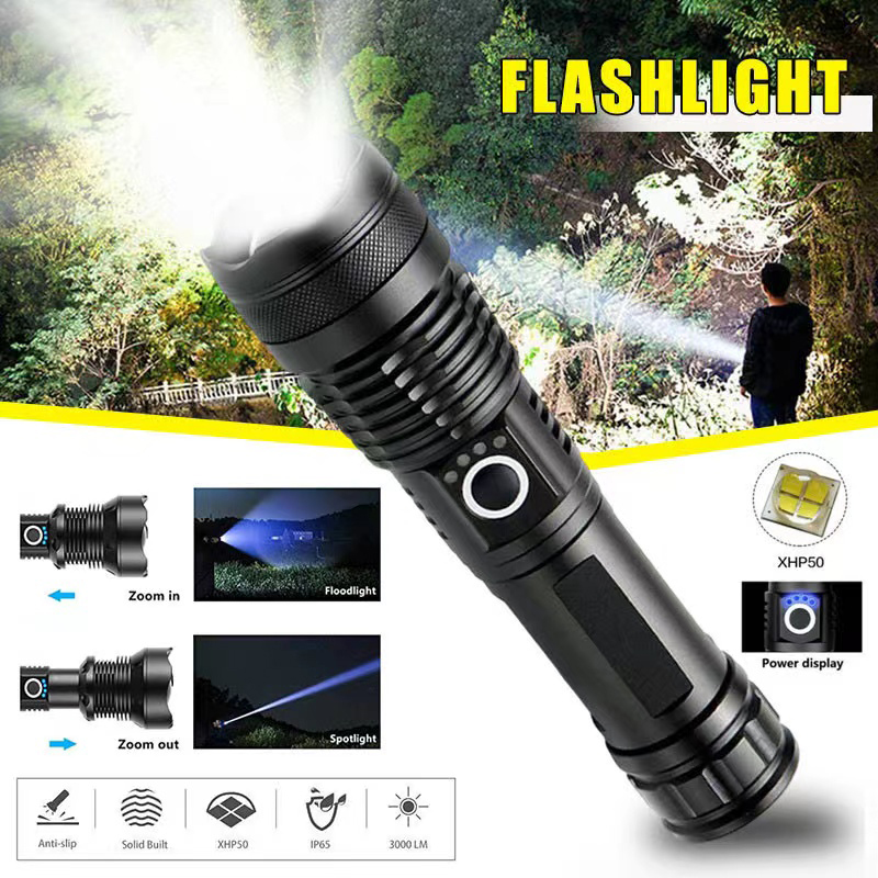 Tactical Flashlight Rechargeable - ไฟฉาย LED กำลังสูง XHP70 USB-C ไฟฉายแบบชาร์จไฟได้ซูมได้โคมไฟมือกันน้ำสำหรับการตั้งแคมป์กลางแจ้งใช้ในกรณีฉุกเฉิน
