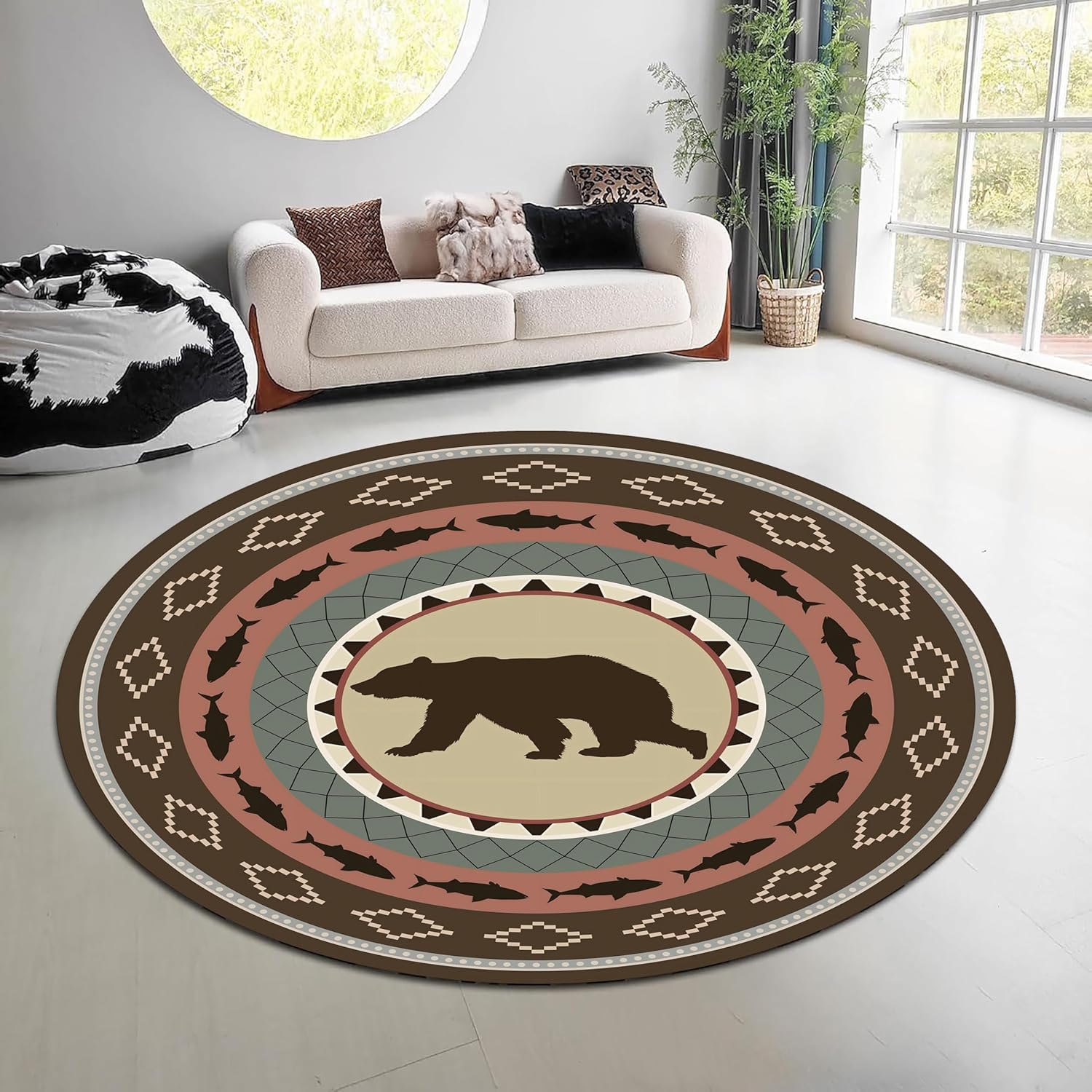 Hunting Outdoor Mat - พรมทรงกลมลายป่าธรรมชาติสไตล์วินเทจ สีเขียว-น้ำตาล ลายกวางเอลค์และหมี พรมปูพื้นสำหรับห้องนั่งเล่นสไตล์ล็อกจ์ล่าสัตว์ตะวันตก เพิ่มความสวยงามให้กับพื้น