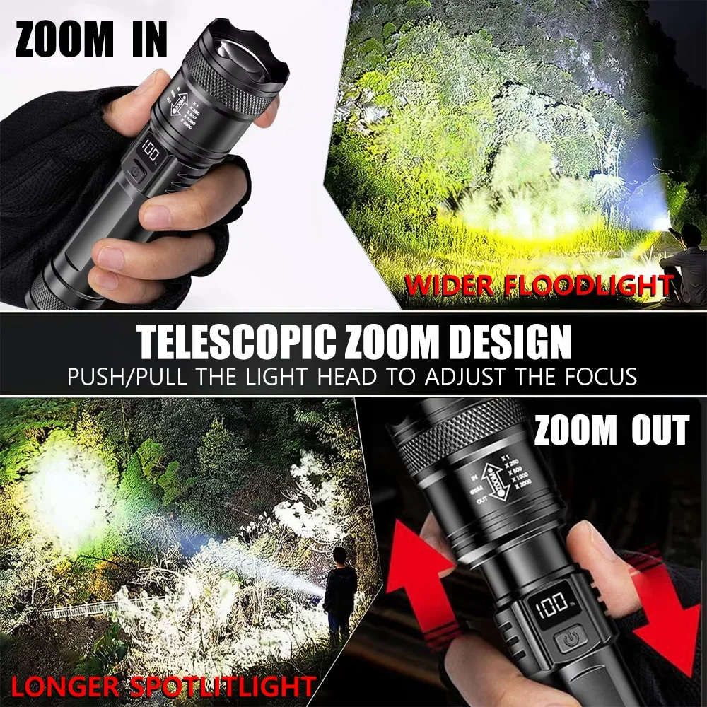 100000LM ไฟฉายสว่างเป็นพิเศษ T - Tactical Flashlight Rechargeable บทวิจารณ์และราคา