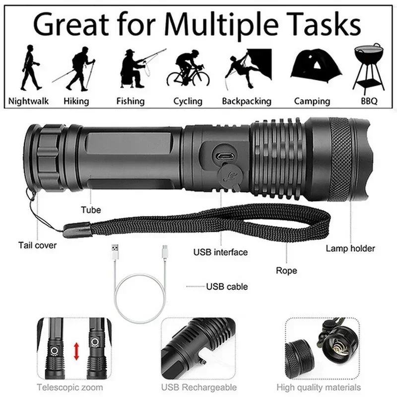 ไฟฉาย LED กำลังสูง XHP70 USB-C - Tactical Flashlight Rechargeable บทวิจารณ์และราคา